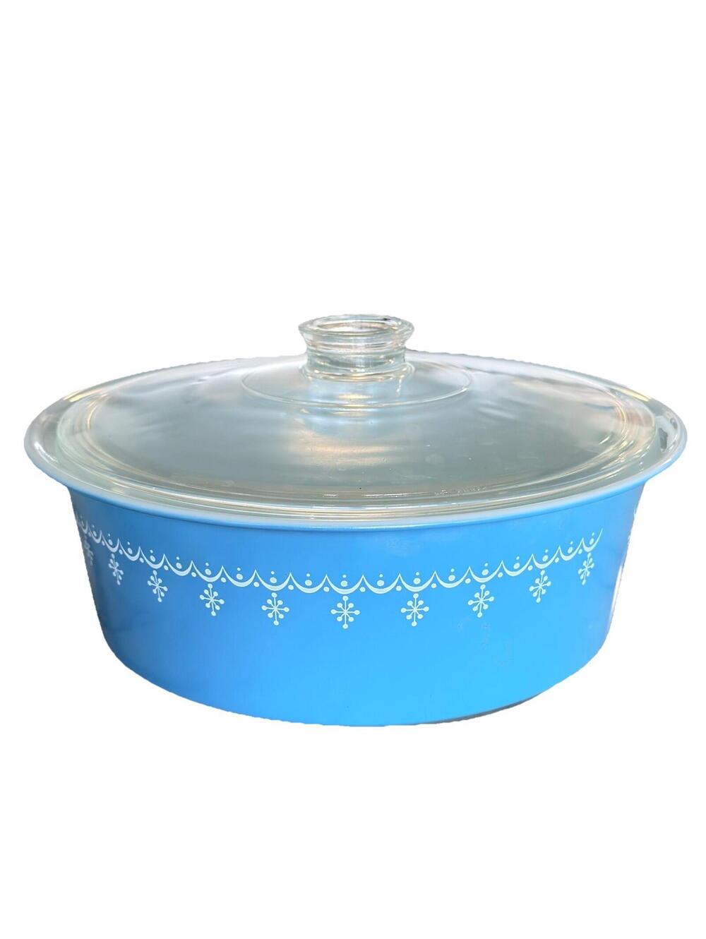 Pyrex Blue Snowflake Garland 664 Big Bertha 4 Qt Casserole Bowl Dish & Lid RARE